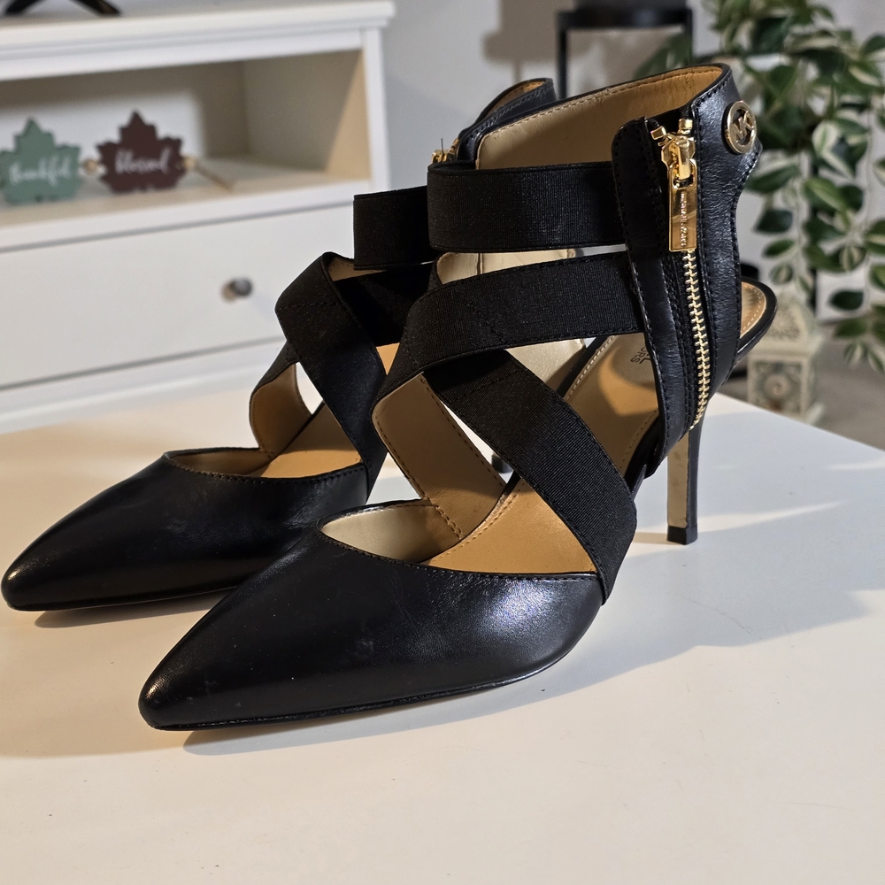 Michael Kors Black Strappy Heels with Gold Accents